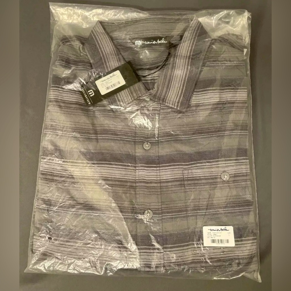 Travis Mathew Shirt Button Down Night And Day LS Large Gray Striped Cotton Rayon